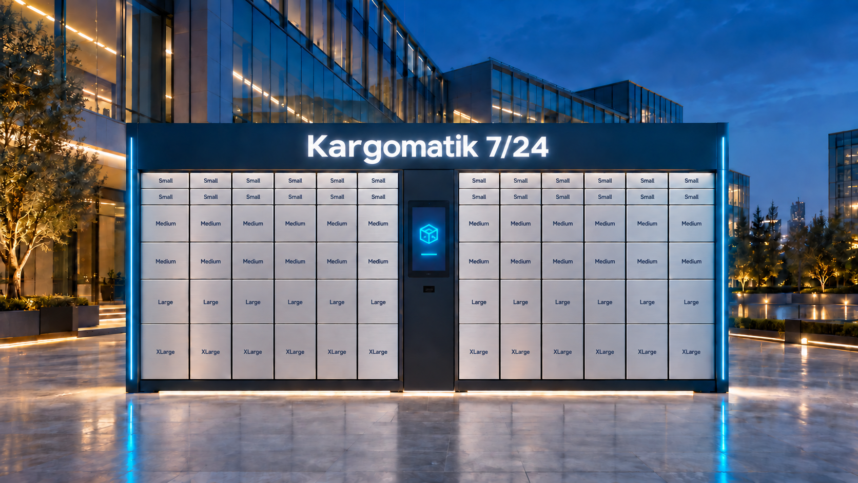 Kargomatik 7/24 yazılı, Small, Medium, Large ve XLarge boyutlarında 72 hazneli, ayrı dokunmatik ekranlı kargo dolabı konsepti